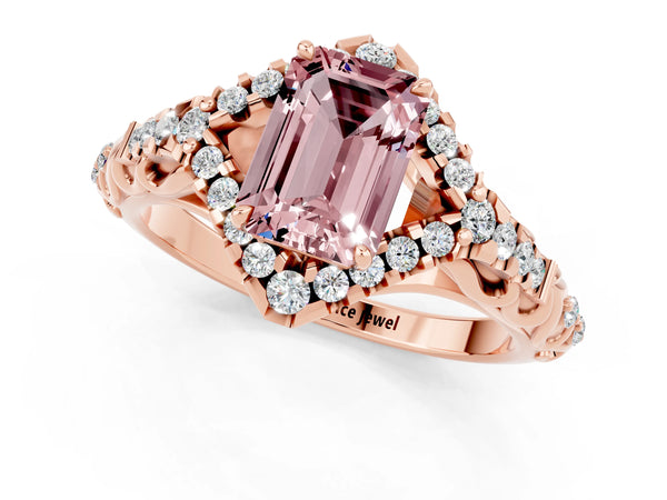 Rose gold Emerald Cut Morganite Solitaire Ring with Hidden Halo and Pavé Band
