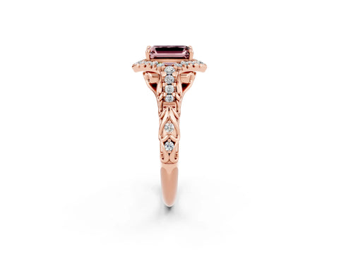 Rose gold Emerald Cut Morganite Solitaire Ring with Hidden Halo and Pavé Band_14