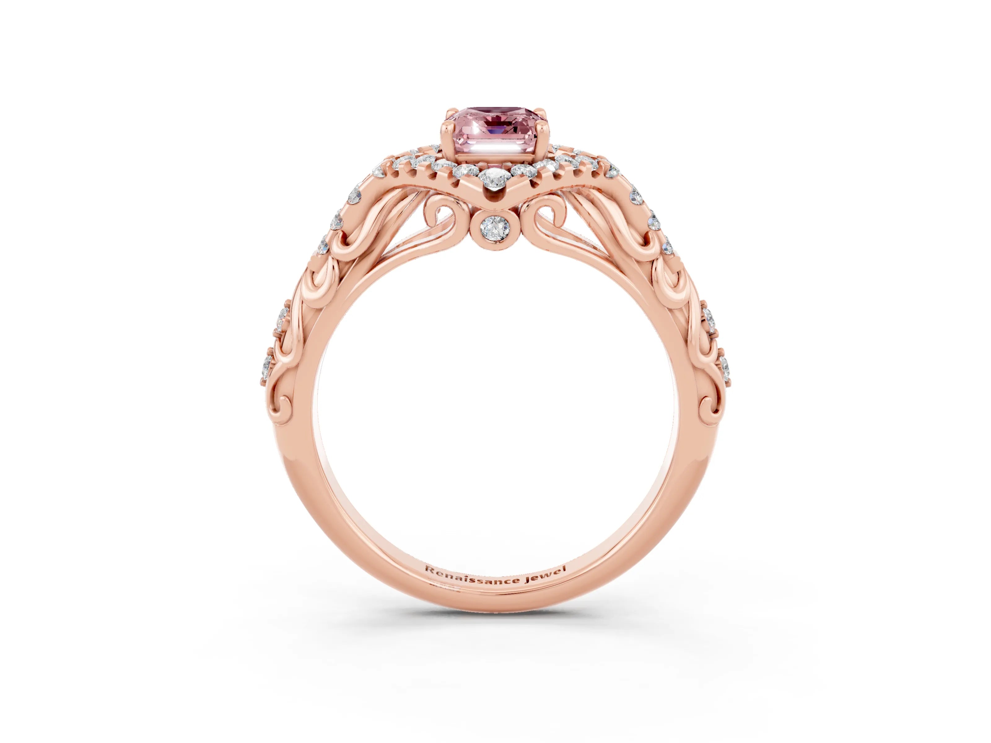 Rose gold Emerald Cut Morganite Solitaire Ring with Hidden Halo and Pavé Band_15