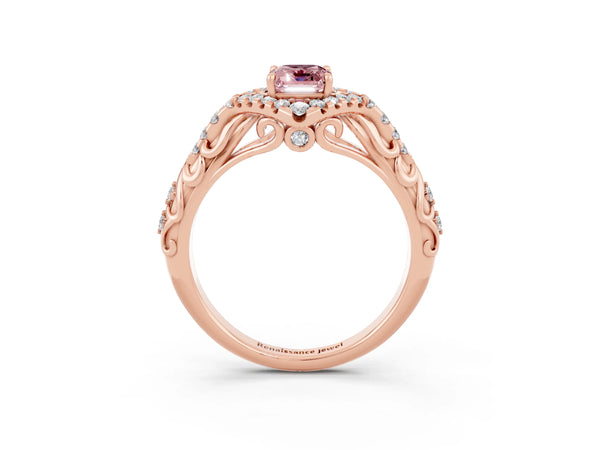 Rose gold Emerald Cut Morganite Solitaire Ring with Hidden Halo and Pavé Band