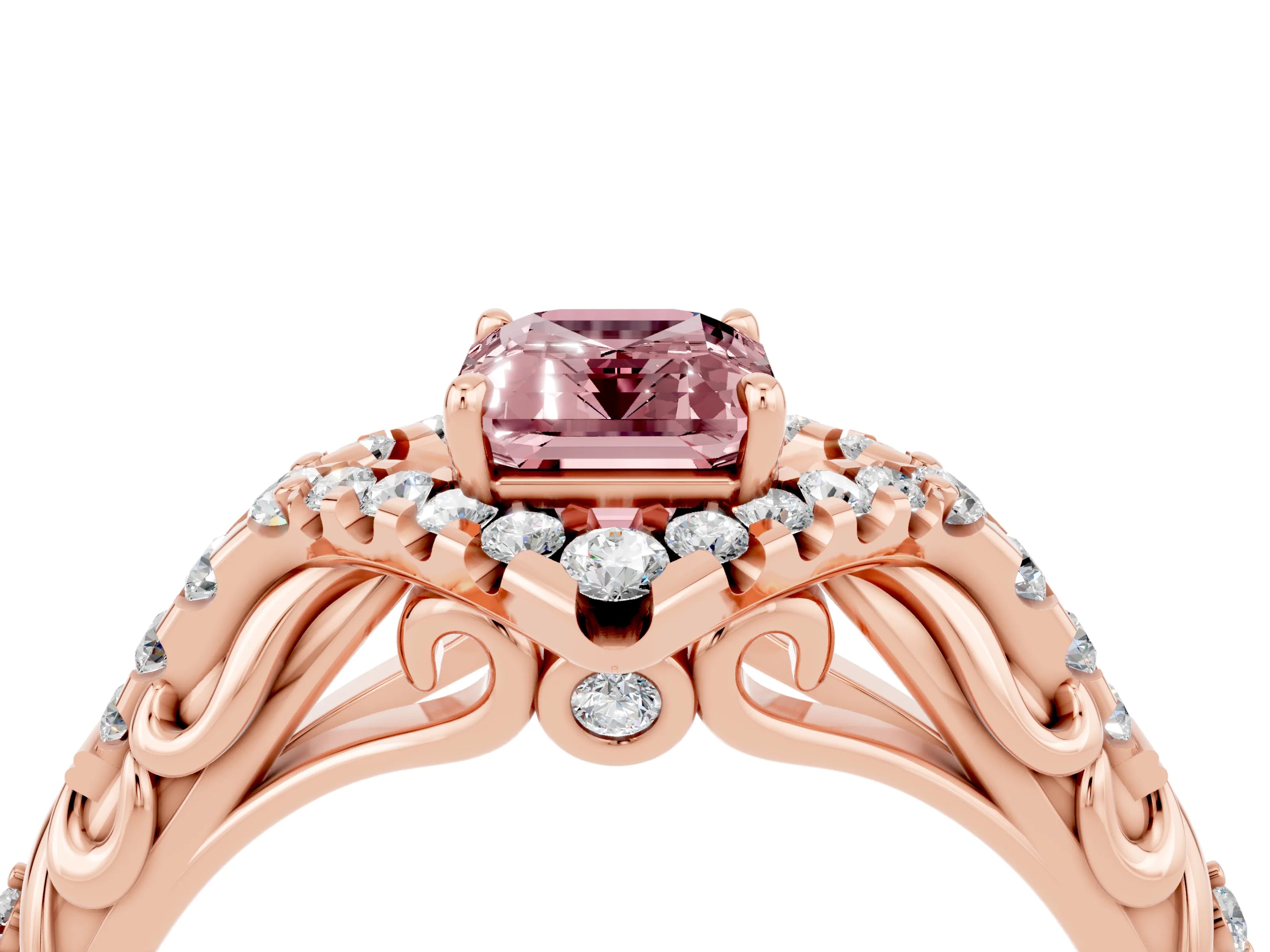 Rose gold Emerald Cut Morganite Solitaire Ring with Hidden Halo and Pavé Band_16