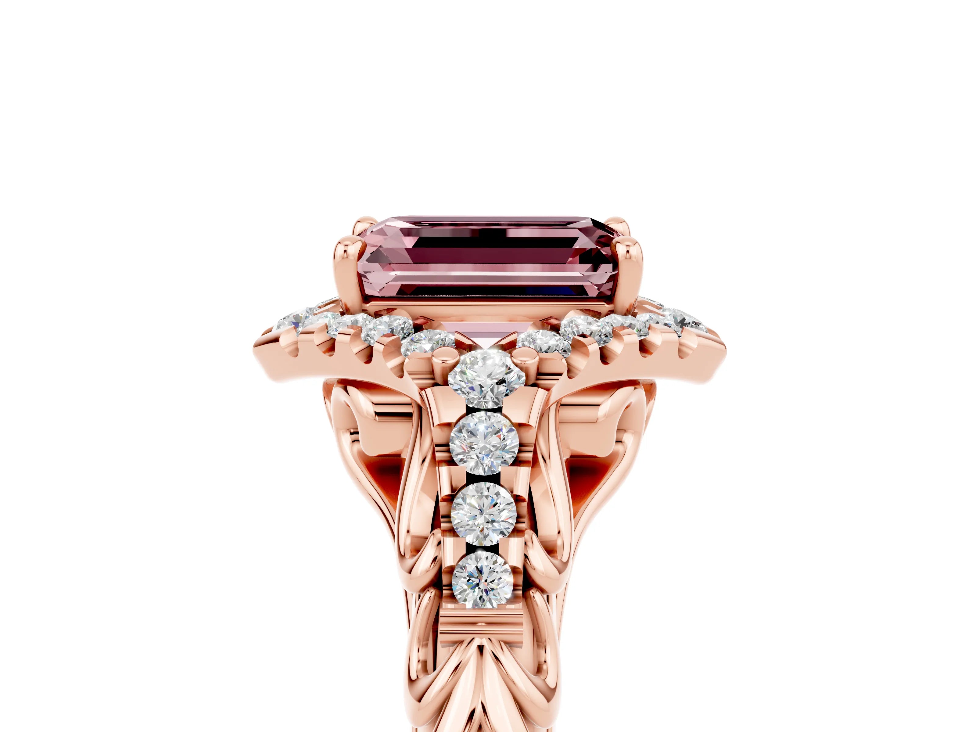 Rose gold Emerald Cut Morganite Solitaire Ring with Hidden Halo and Pavé Band_17