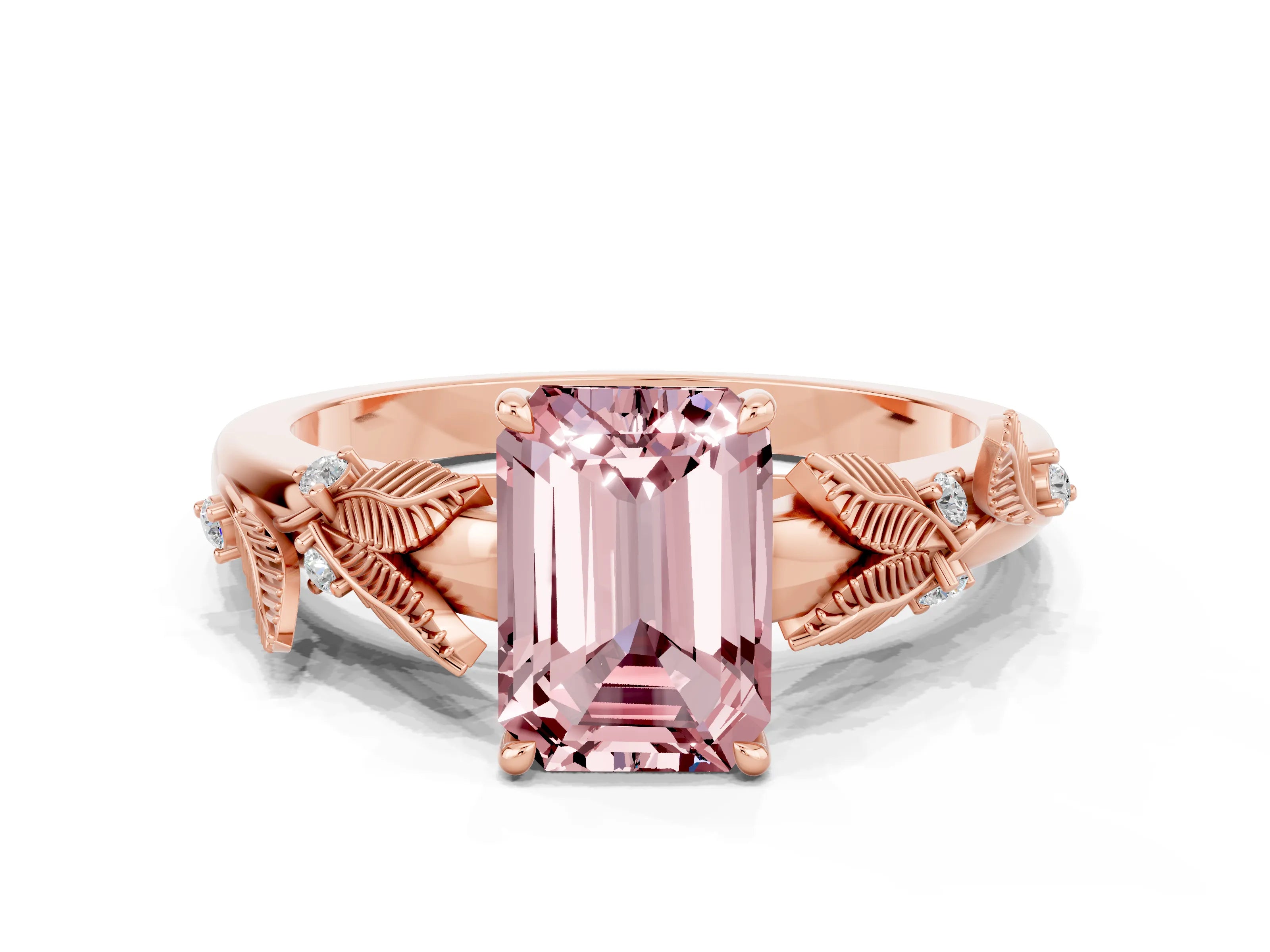 Rose gold Emerald Cut Morganite Solitaire Ring with Leaf Motif Band and Four-Prong Setting