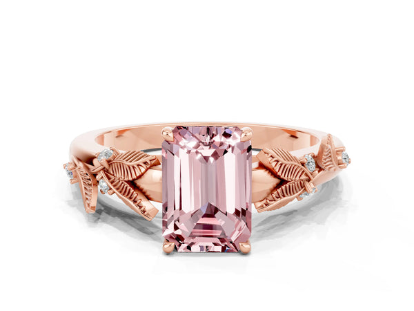 Rose gold Emerald Cut Morganite Solitaire Ring with Leaf Motif Band and Four-Prong Setting