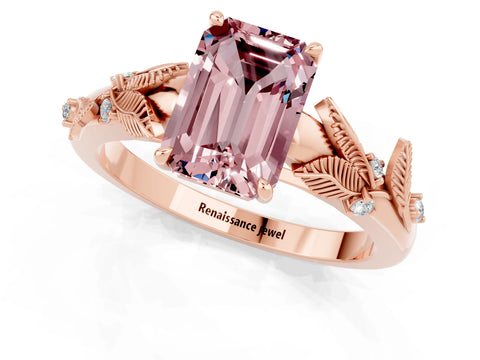 Rose gold Emerald Cut Morganite Solitaire Ring with Leaf Motif Band and Four-Prong Setting_1