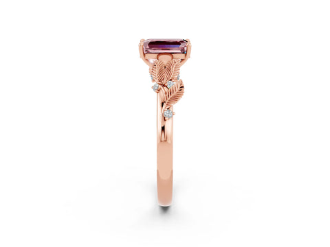 Rose gold Emerald Cut Morganite Solitaire Ring with Leaf Motif Band and Four-Prong Setting_2