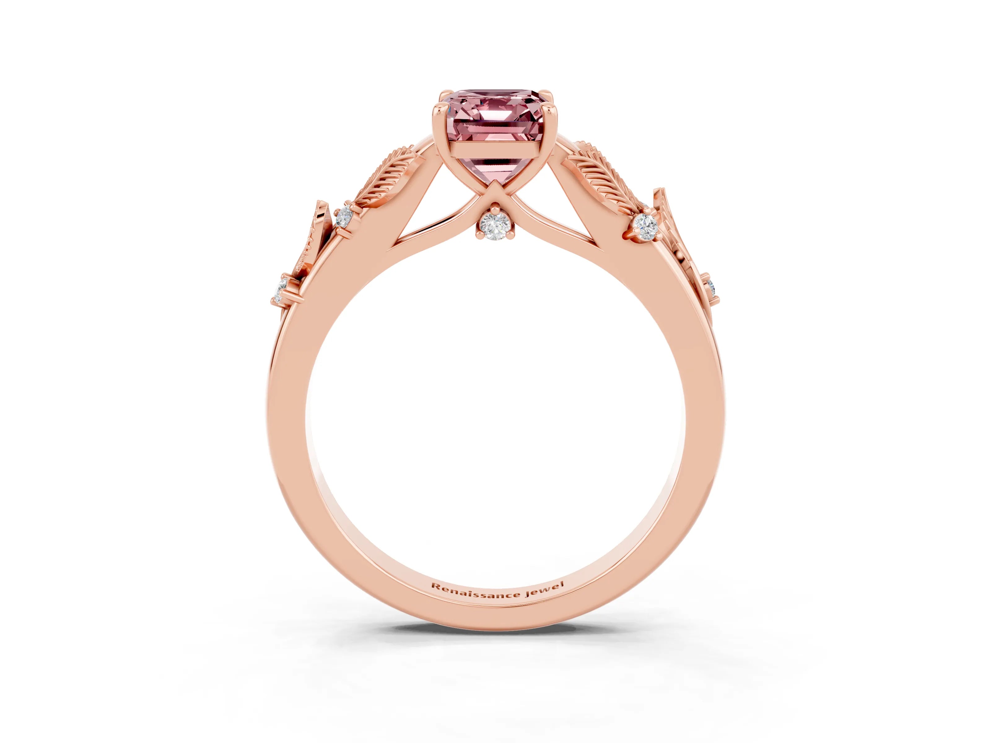 Rose gold Emerald Cut Morganite Solitaire Ring with Leaf Motif Band and Four-Prong Setting_3