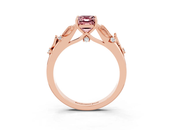 Rose gold Emerald Cut Morganite Solitaire Ring with Leaf Motif Band and Four-Prong Setting