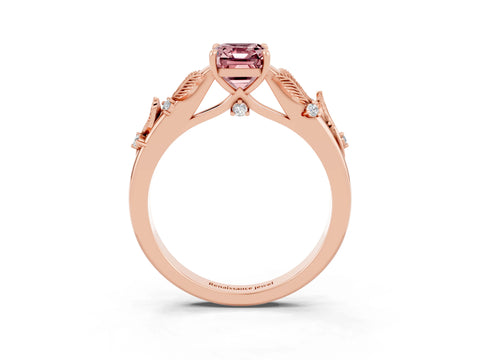 Rose gold Emerald Cut Morganite Solitaire Ring with Leaf Motif Band and Four-Prong Setting_3