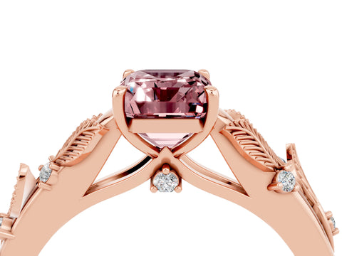 Rose gold Emerald Cut Morganite Solitaire Ring with Leaf Motif Band and Four-Prong Setting_4