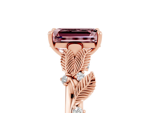 Rose gold Emerald Cut Morganite Solitaire Ring with Leaf Motif Band and Four-Prong Setting_5