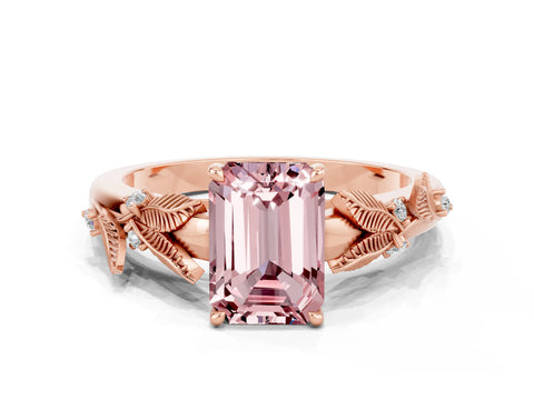 Rose gold Emerald Cut Morganite Solitaire Ring with Leaf Motif Band and Four-Prong Setting