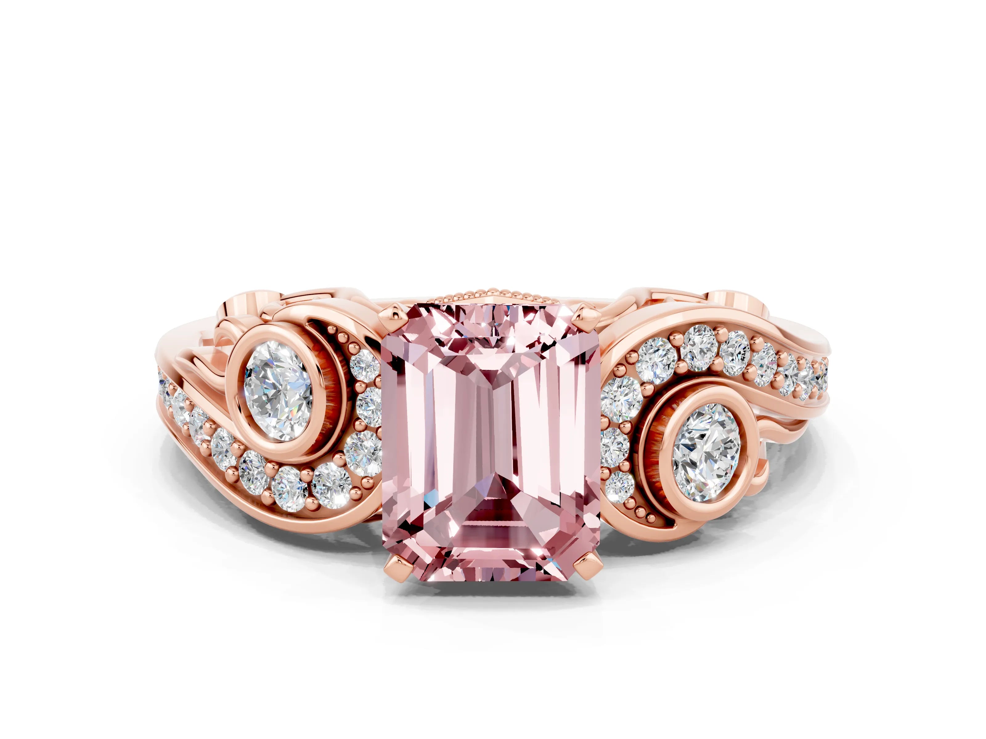 Rose gold Emerald Cut Morganite Solitaire Ring with Milgrain Pavé Band and Four-Prong Setting_24