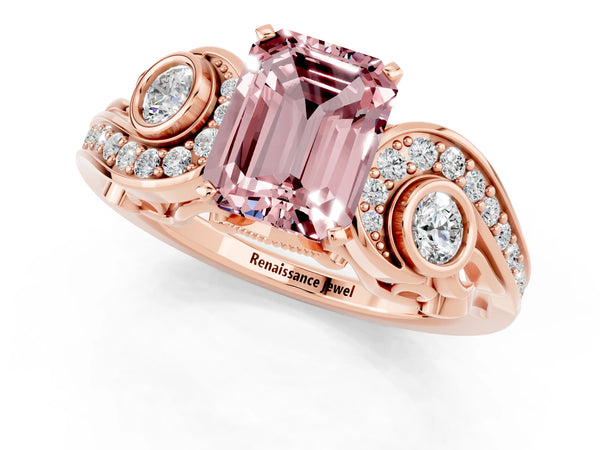 Rose gold Emerald Cut Morganite Solitaire Ring with Milgrain Pavé Band and Four-Prong Setting