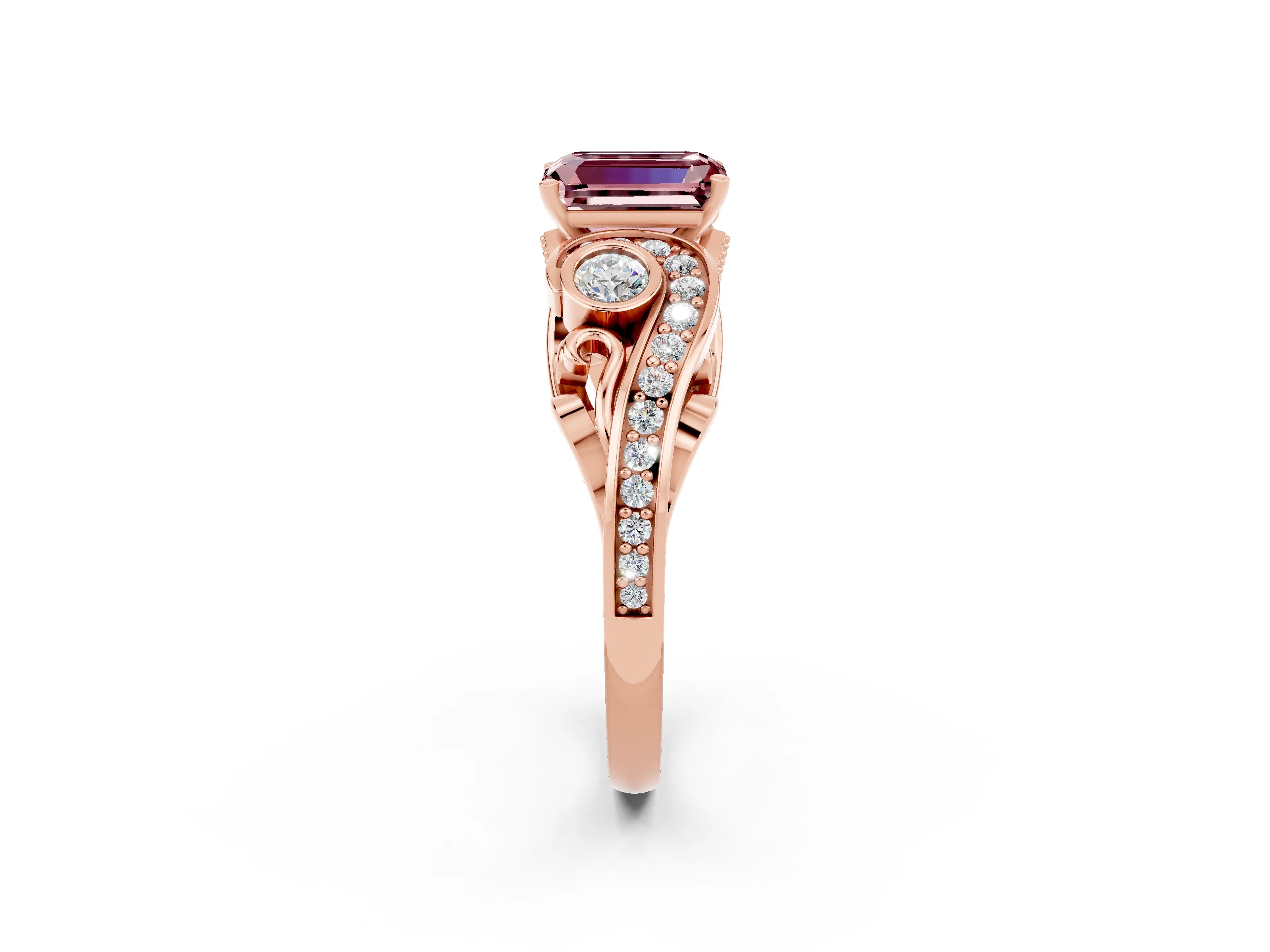 Rose gold Emerald Cut Morganite Solitaire Ring with Milgrain Pavé Band and Four-Prong Setting_26