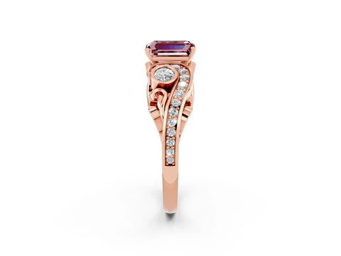 Rose gold Emerald Cut Morganite Solitaire Ring with Milgrain Pavé Band and Four-Prong Setting_26