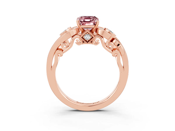 Rose gold Emerald Cut Morganite Solitaire Ring with Milgrain Pavé Band and Four-Prong Setting