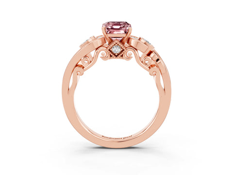 Rose gold Emerald Cut Morganite Solitaire Ring with Milgrain Pavé Band and Four-Prong Setting_27