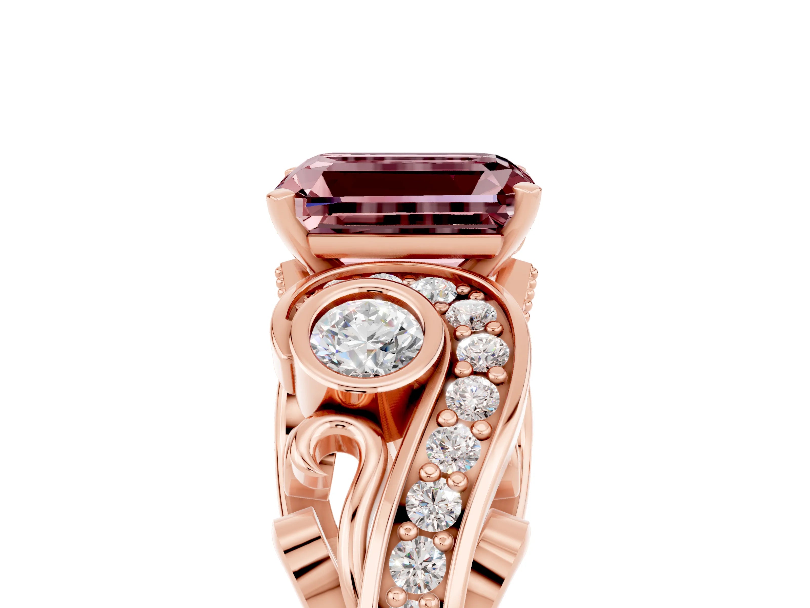 Rose gold Emerald Cut Morganite Solitaire Ring with Milgrain Pavé Band and Four-Prong Setting_29