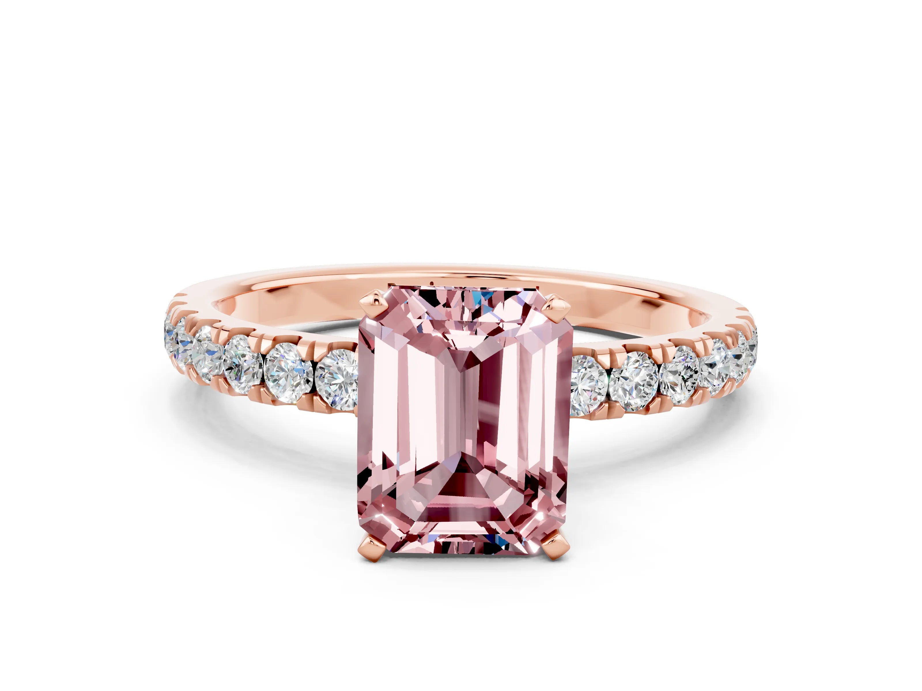 Rose gold Emerald Cut Morganite Solitaire Ring with Pavé Accents and Four-Prong Setting