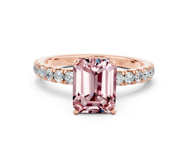 Rose gold Emerald Cut Morganite Solitaire Ring with Pavé Accents and Four-Prong Setting