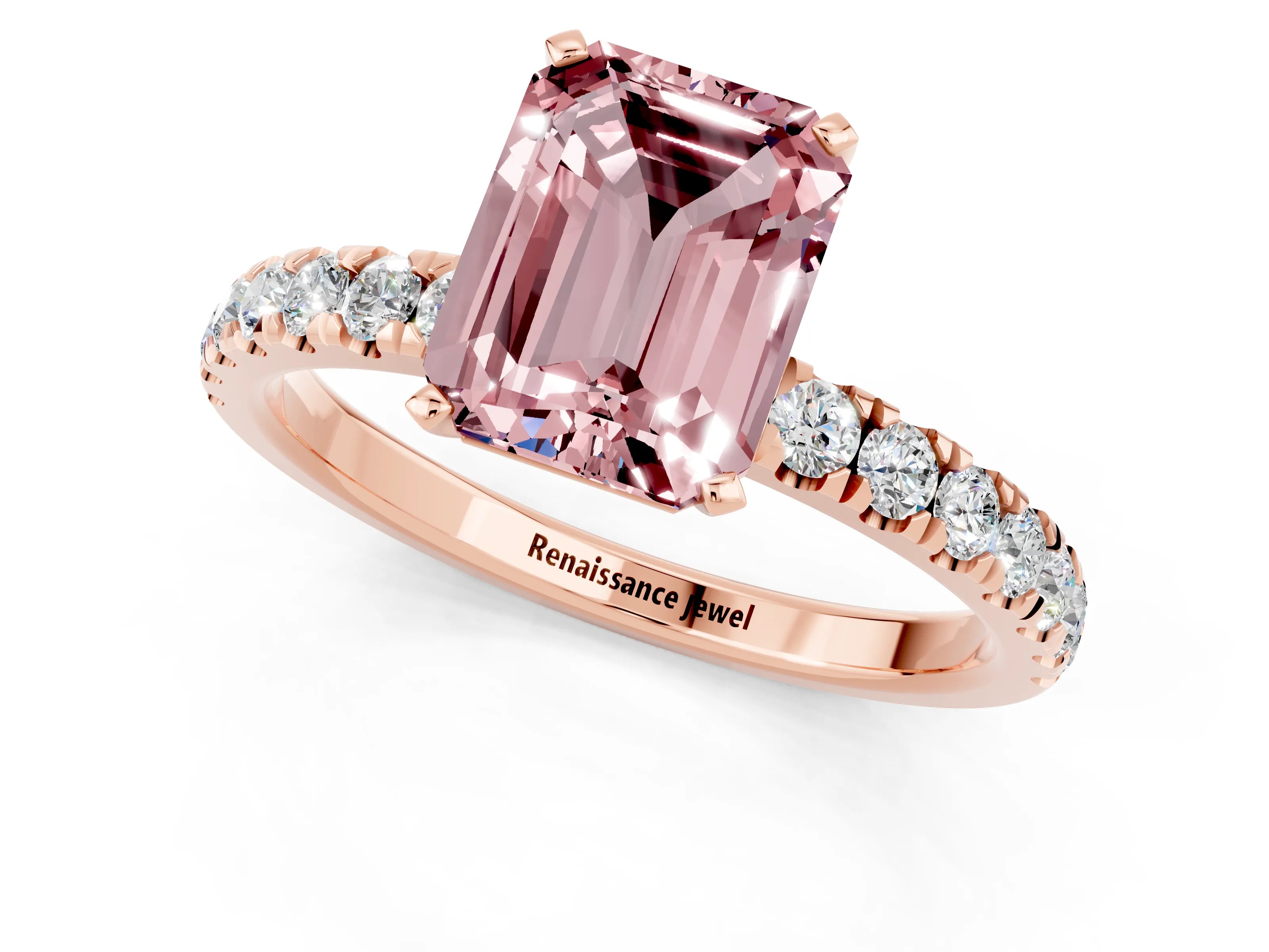 Rose gold Emerald Cut Morganite Solitaire Ring with Pavé Accents and Four-Prong Setting_1