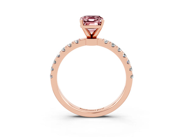 Rose gold Emerald Cut Morganite Solitaire Ring with Pavé Accents and Four-Prong Setting