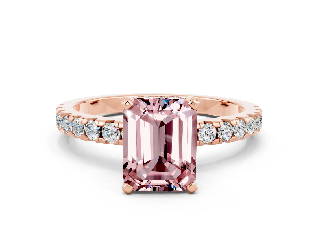 Rose gold Emerald Cut Morganite Solitaire Ring with Pavé Band and Four-Prong Setting_24