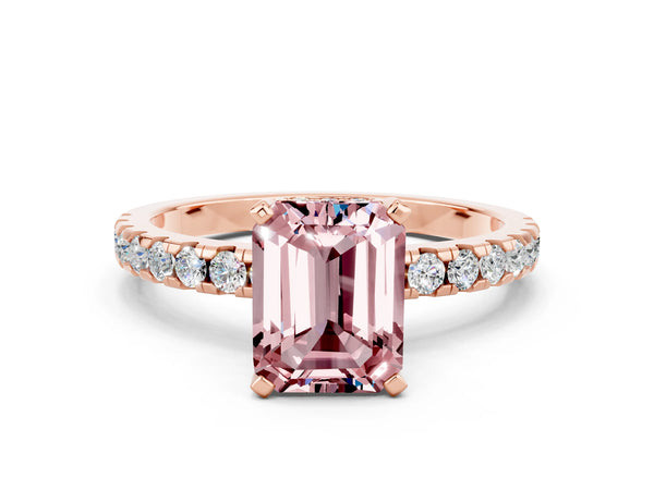 Rose gold Emerald Cut Morganite Solitaire Ring with Round  Pavé Band and Four-Prong Setting