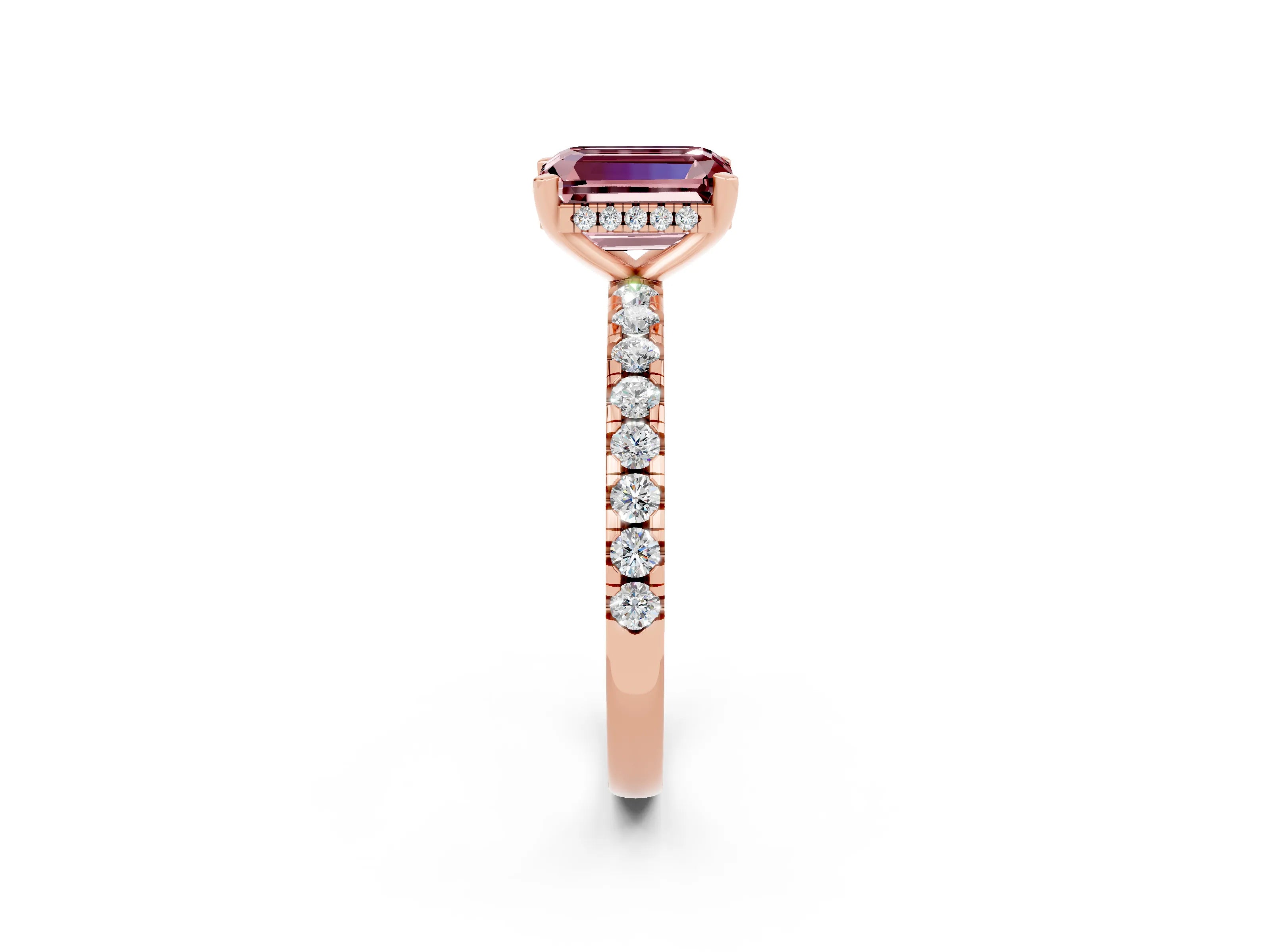 Rose gold Emerald Cut Morganite Solitaire Ring with Pavé Band and Four-Prong Setting_26