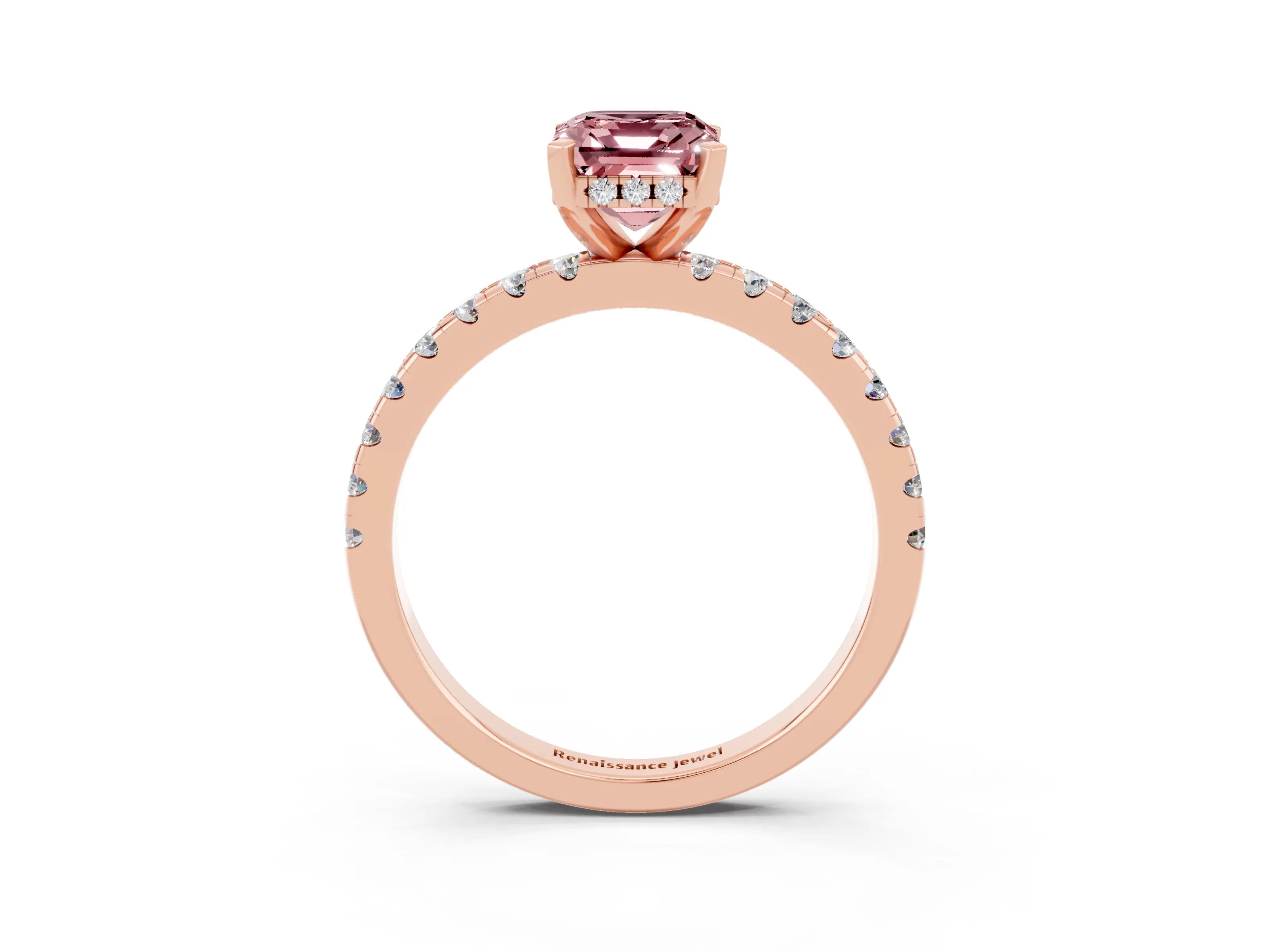 Rose gold Emerald Cut Morganite Solitaire Ring with Pavé Band and Four-Prong Setting_27