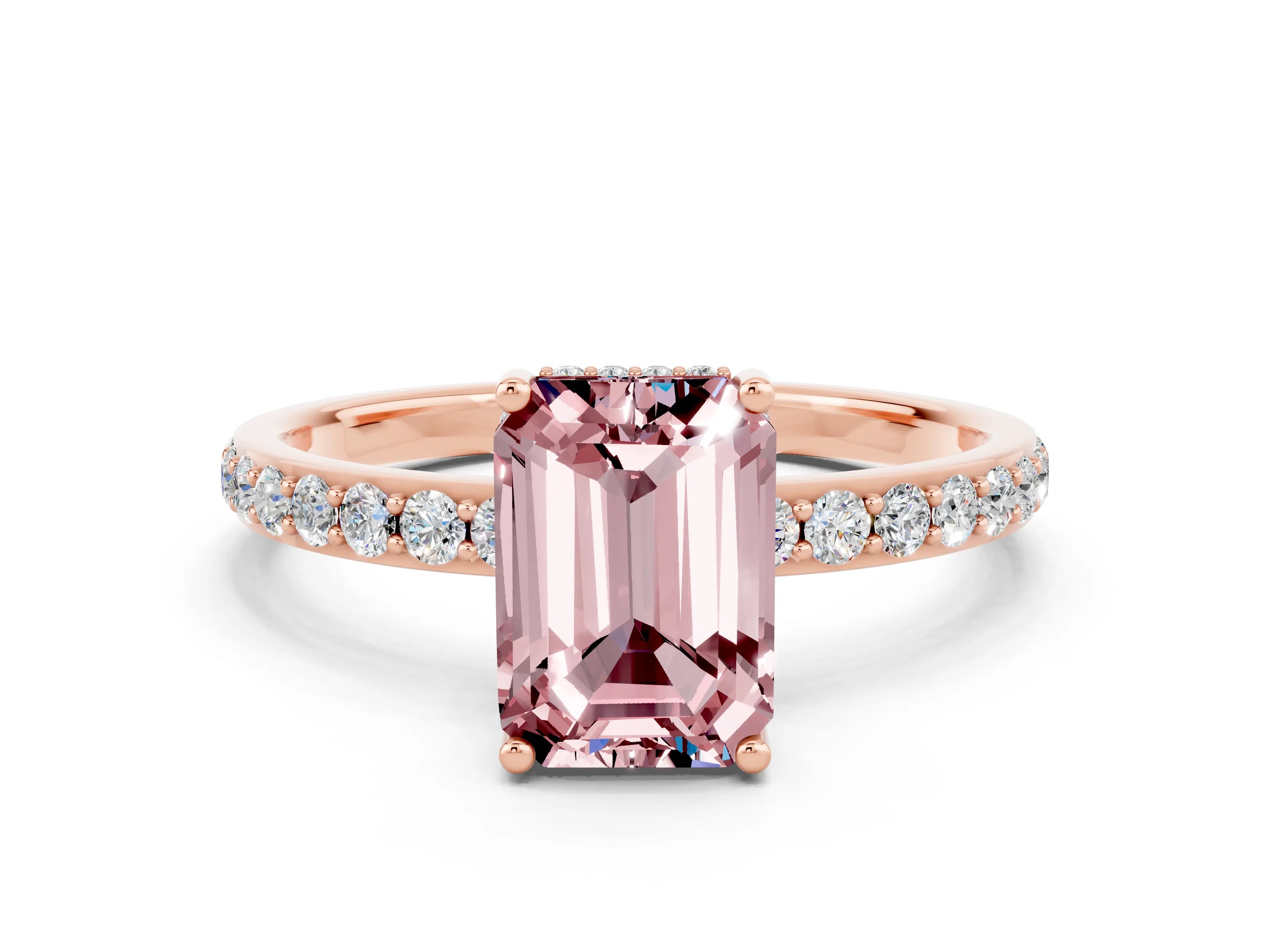 Rose gold Emerald Cut Morganite Solitaire Ring with Pavé Band and Hidden Halo_12
