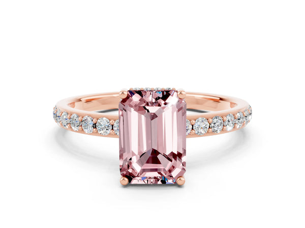 Rose gold Emerald Cut Morganite Solitaire Ring with Pavé Band and Hidden Halo