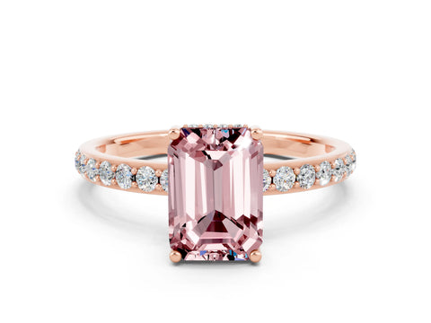 Rose gold Emerald Cut Morganite Solitaire Ring with Pavé Band and Hidden Halo_12