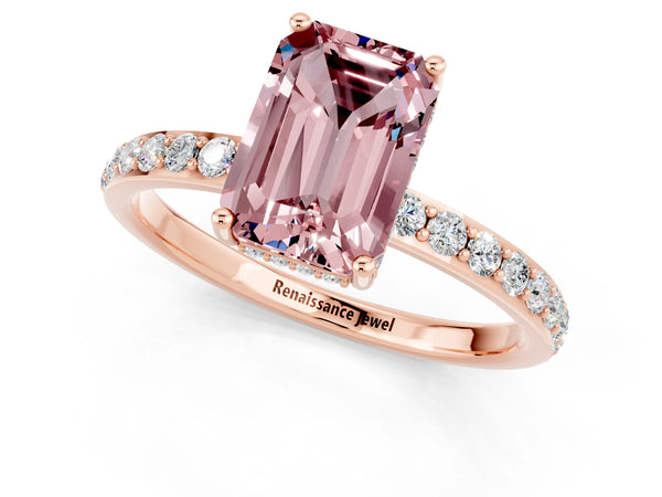 Rose gold Emerald Cut Morganite Solitaire Ring with Pavé Band and Hidden Halo