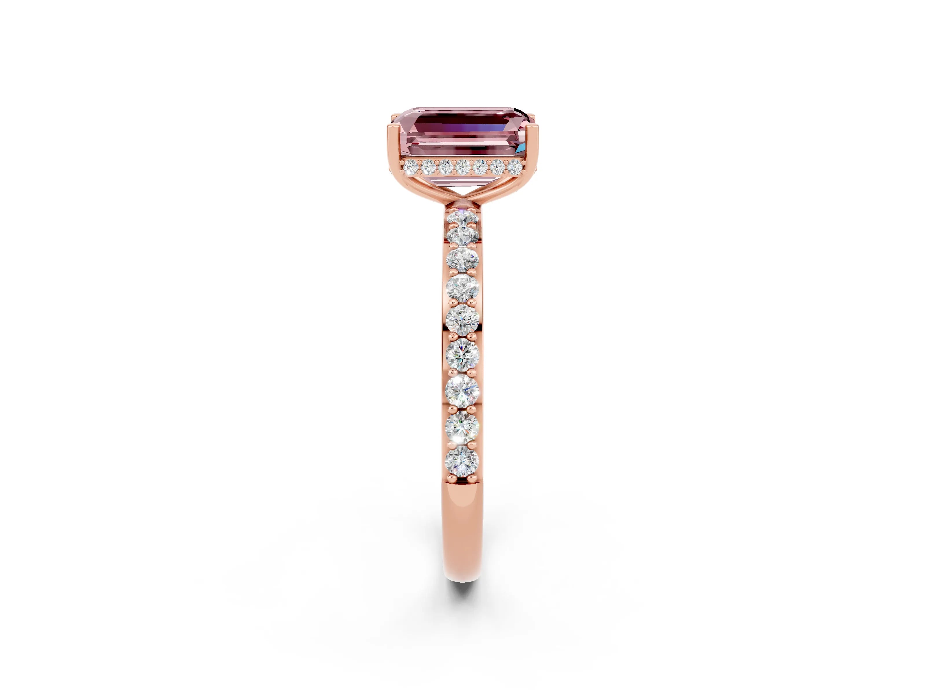 Rose gold Emerald Cut Morganite Solitaire Ring with Pavé Band and Hidden Halo_14