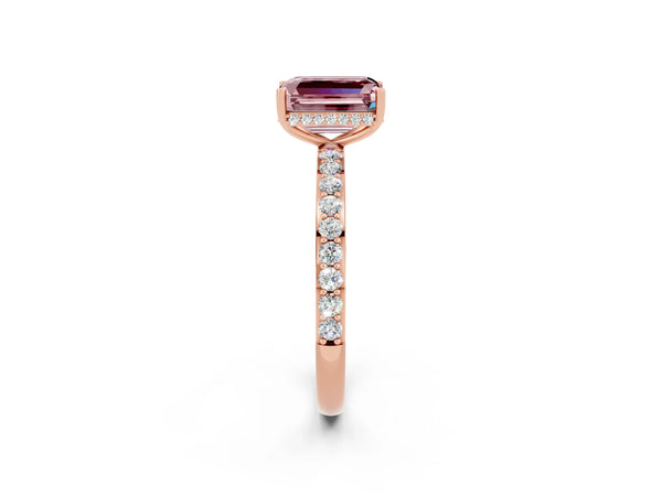 Rose gold Emerald Cut Morganite Solitaire Ring with Pavé Band and Hidden Halo