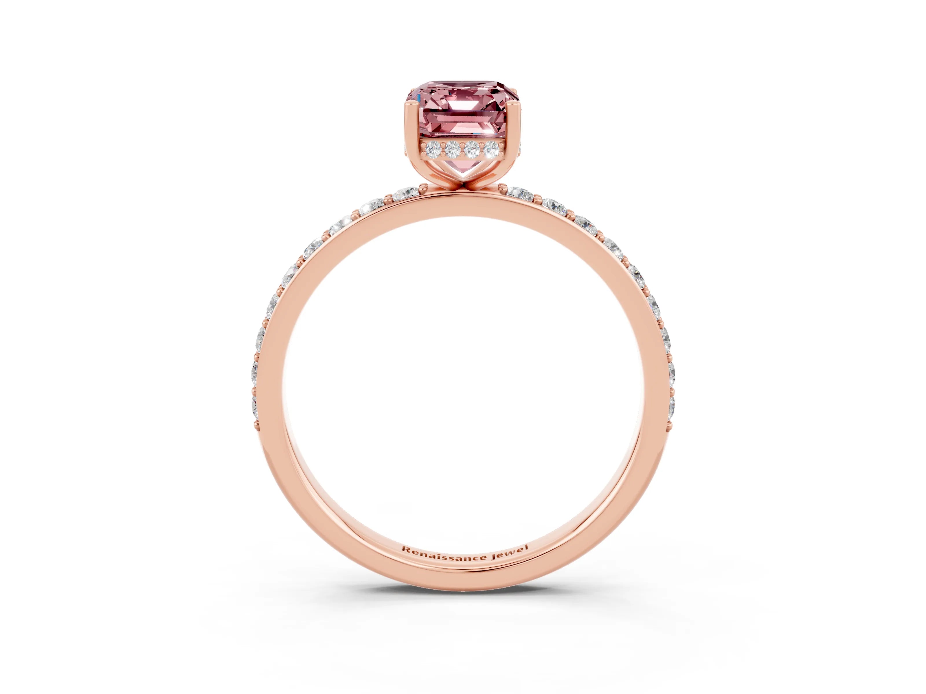Rose gold Emerald Cut Morganite Solitaire Ring with Pavé Band and Hidden Halo_15