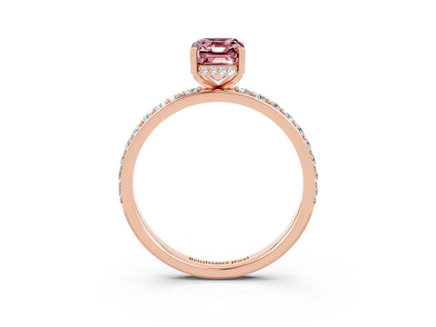 Rose gold Emerald Cut Morganite Solitaire Ring with Pavé Band and Hidden Halo_15