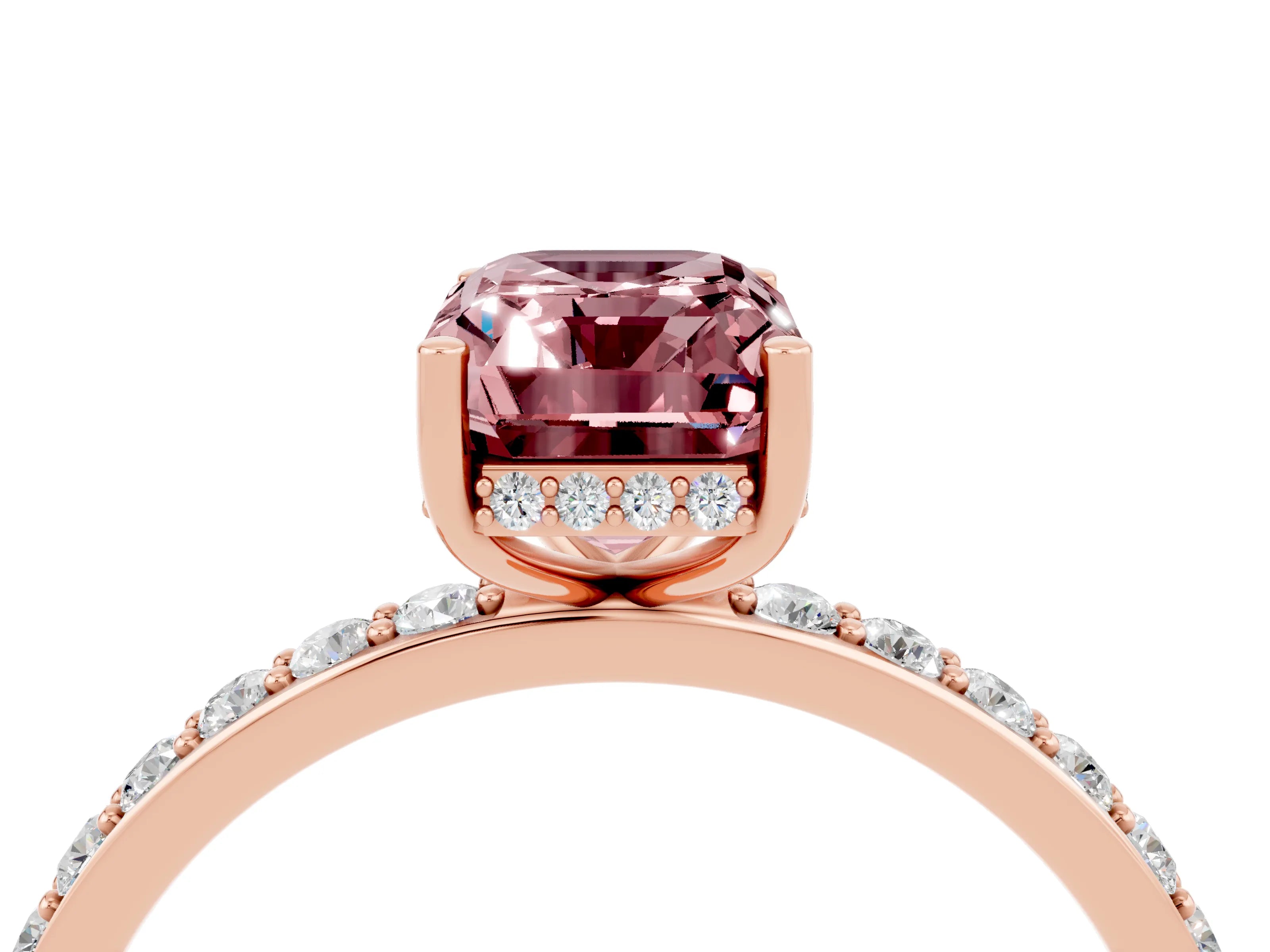Rose gold Emerald Cut Morganite Solitaire Ring with Pavé Band and Hidden Halo_16