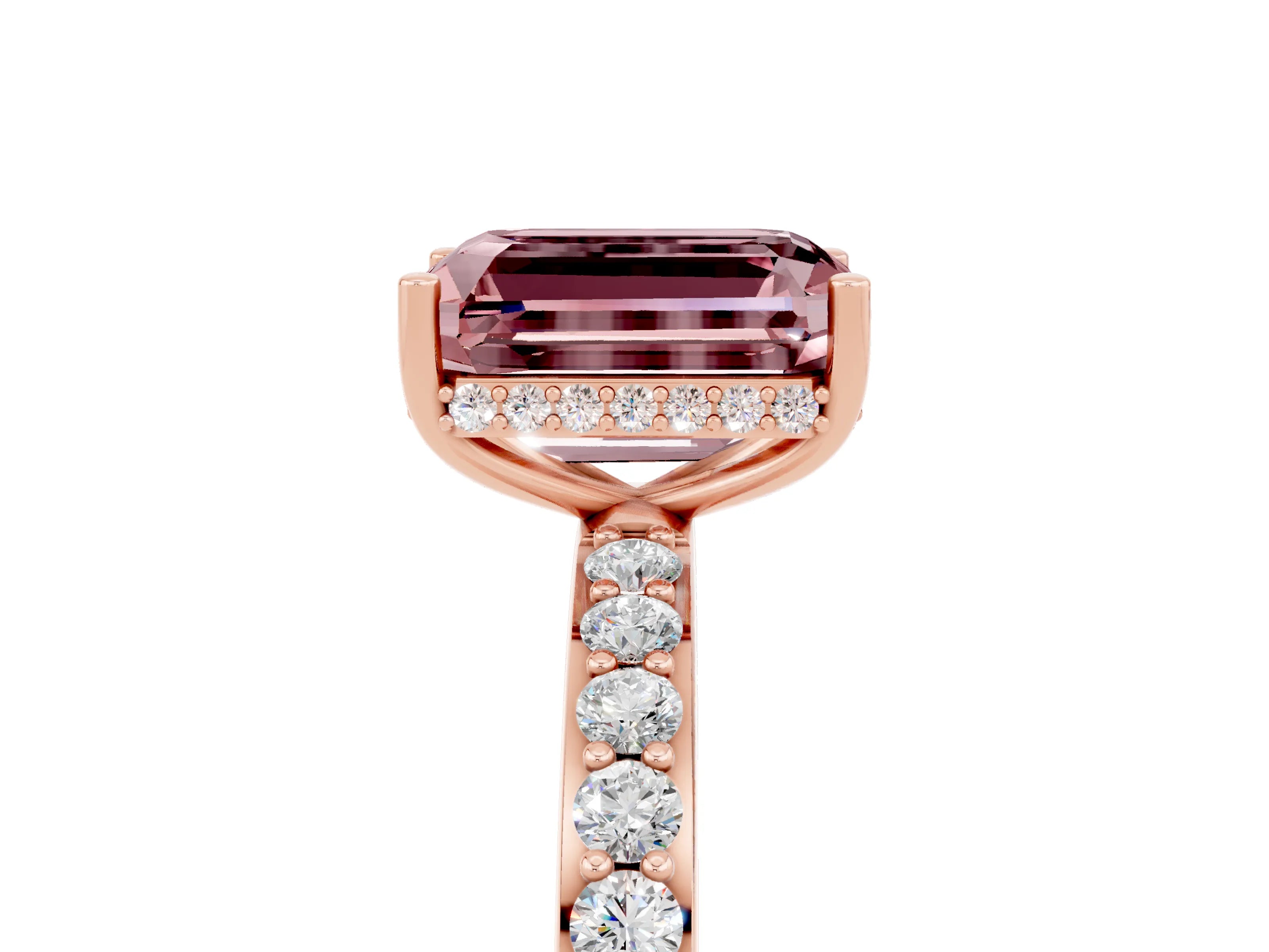 Rose gold Emerald Cut Morganite Solitaire Ring with Pavé Band and Hidden Halo_17