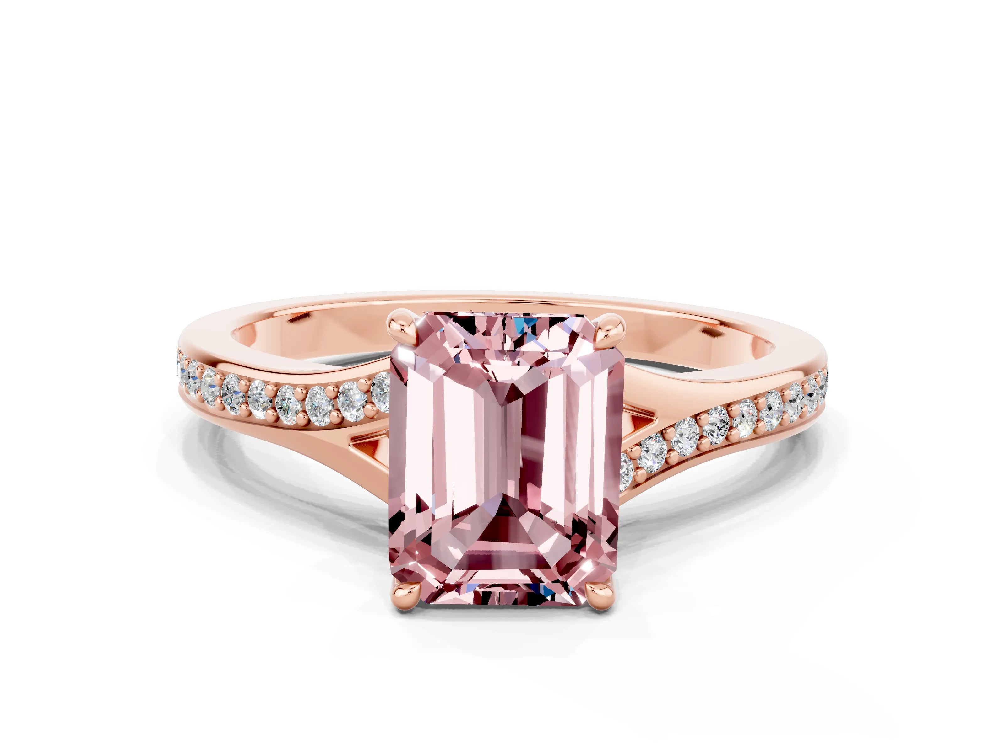 Rose gold Emerald Cut Morganite Solitaire Ring with Pavé Band and Prong Setting