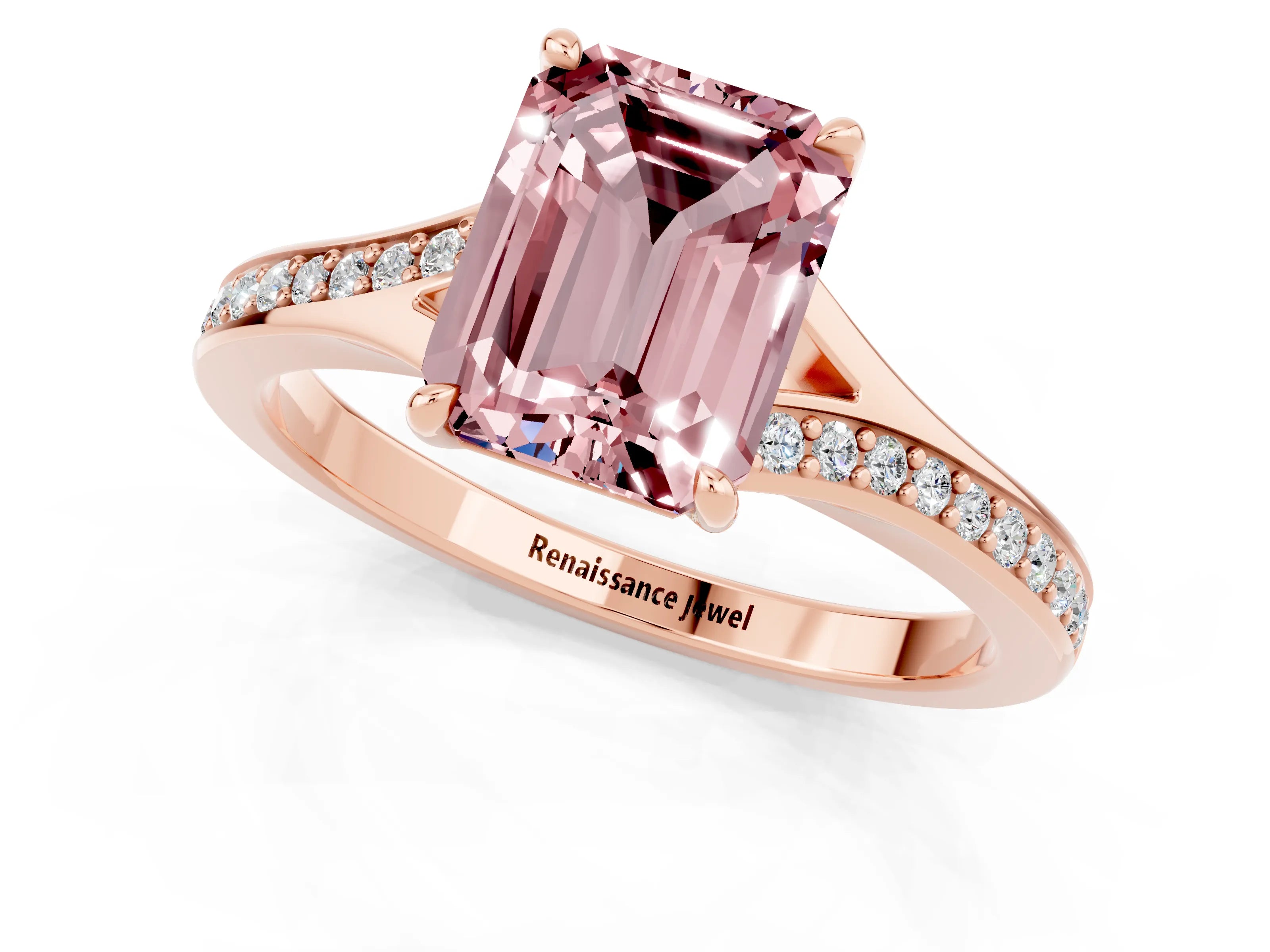 Rose gold Emerald Cut Morganite Solitaire Ring with Pavé Band and Prong Setting_1