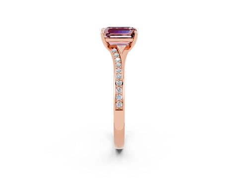 Rose gold Emerald Cut Morganite Solitaire Ring with Pavé Band and Prong Setting_2