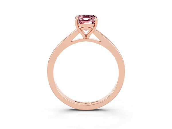 Rose gold Emerald Cut Morganite Solitaire Ring with Pavé Band and Prong Setting