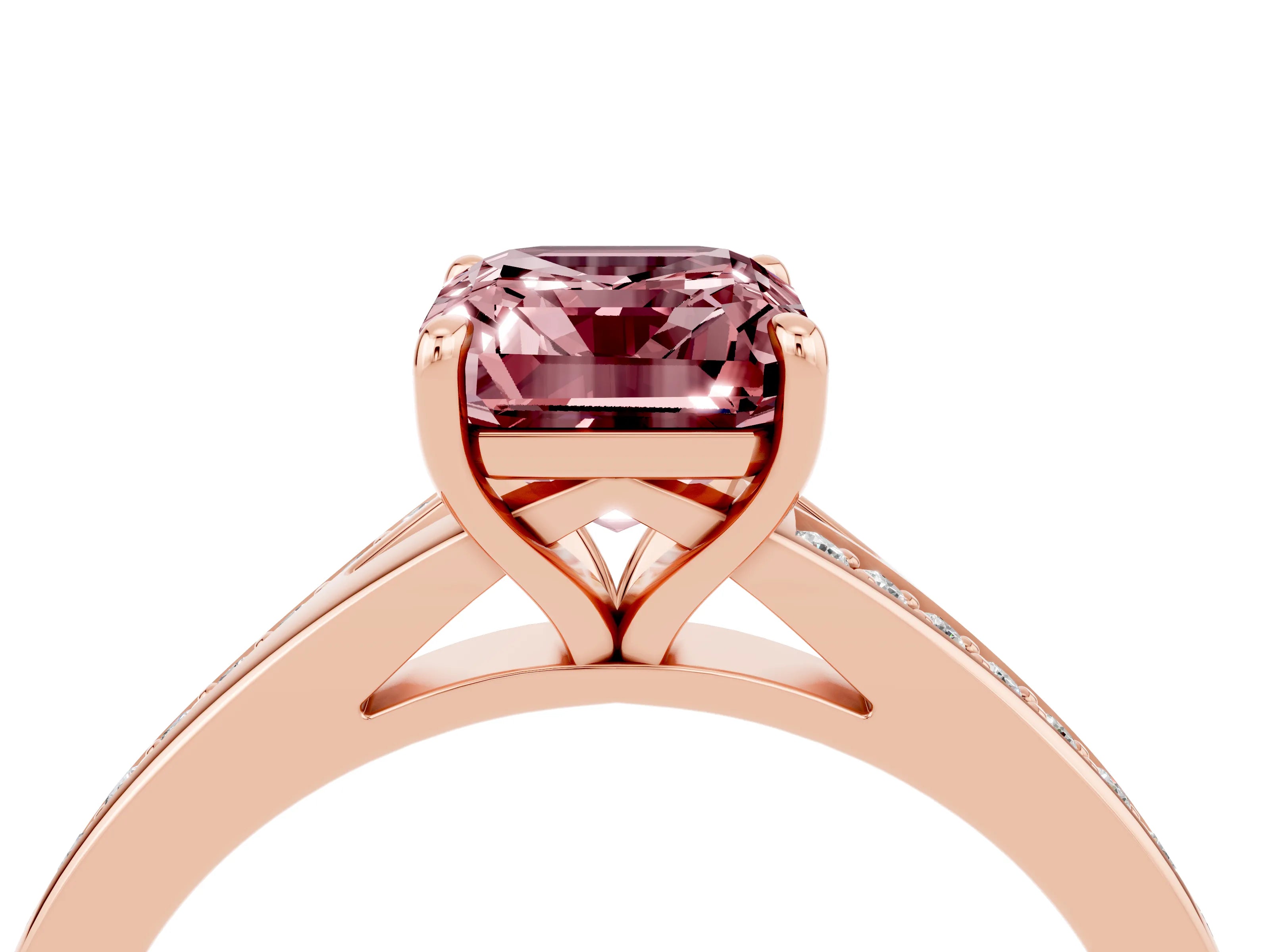 Rose gold Emerald Cut Morganite Solitaire Ring with Pavé Band and Prong Setting_4