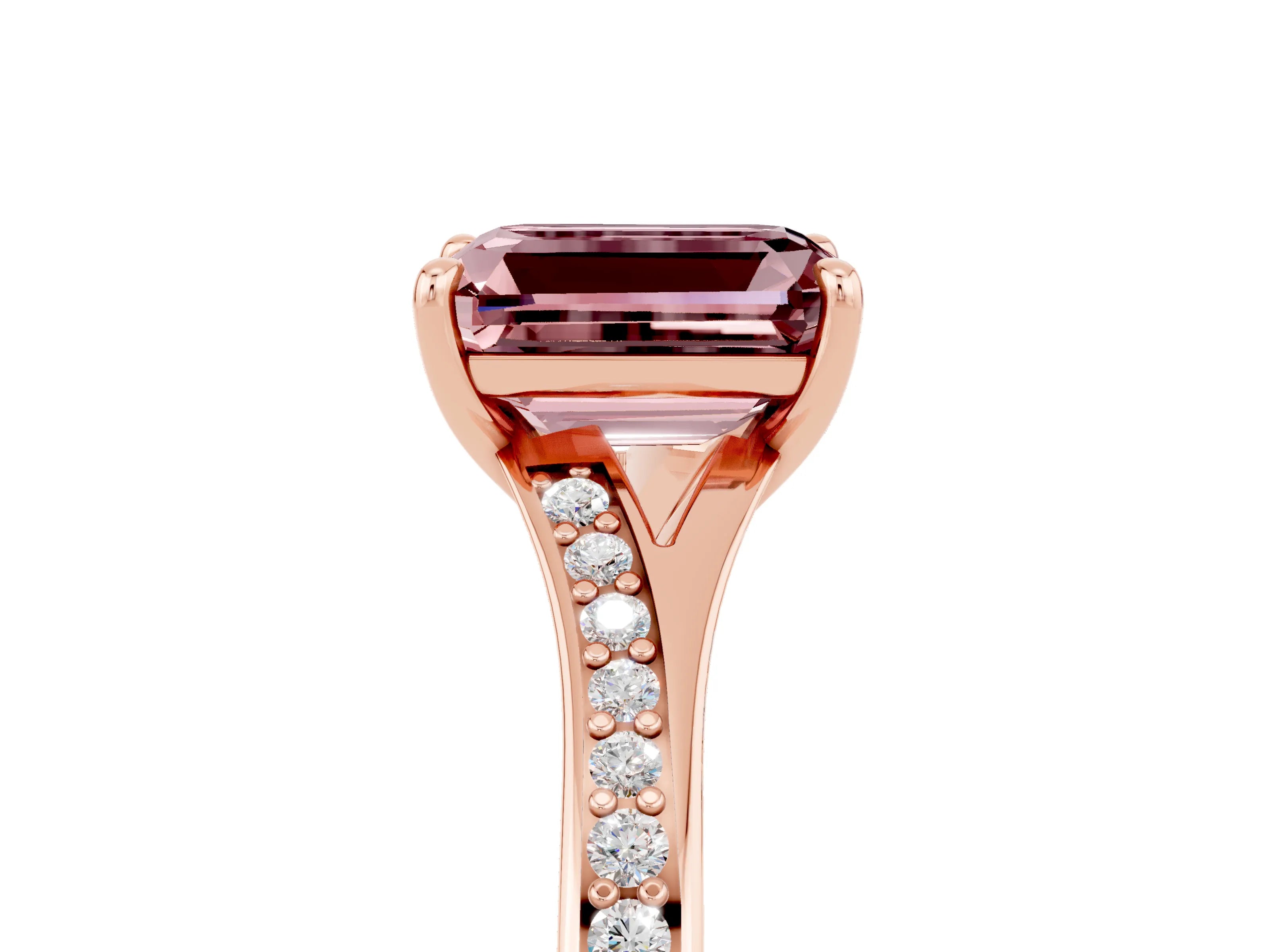 Rose gold Emerald Cut Morganite Solitaire Ring with Pavé Band and Prong Setting_5