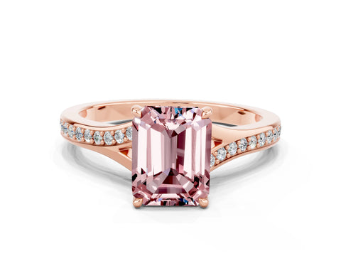 Rose gold Emerald Cut Morganite Solitaire Ring with Pavé Band and Prong Setting