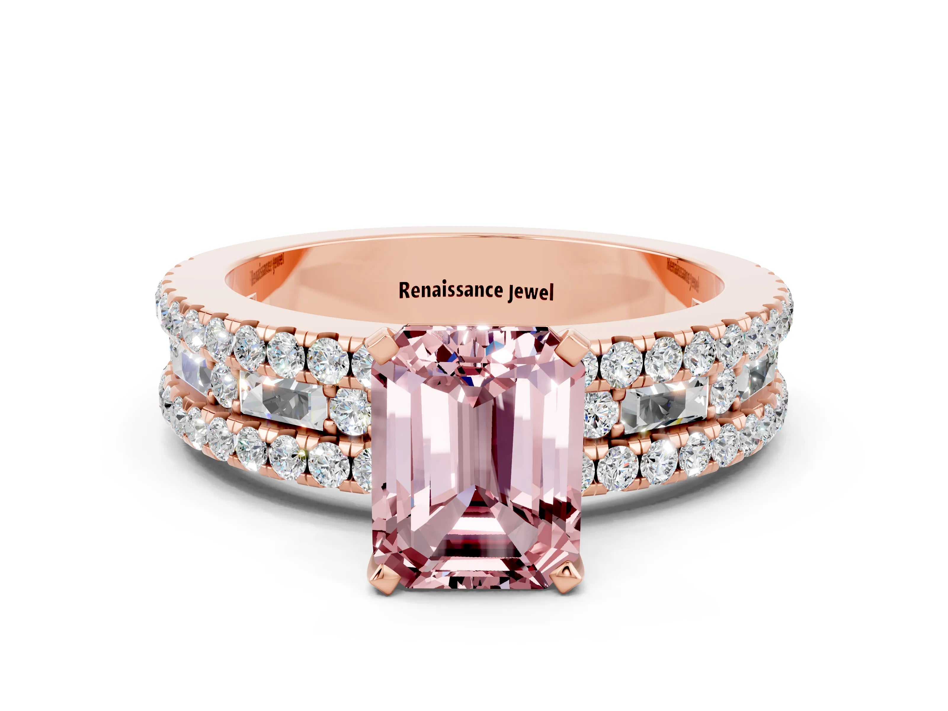 Rose gold Emerald Cut Morganite Solitaire Ring with Pavé and Channel Set Band