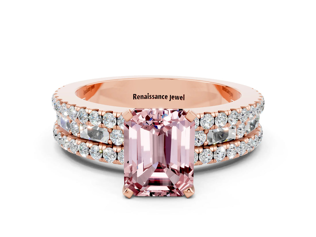 Rose gold Emerald Cut Morganite Solitaire Ring with Pavé and Channel Set Band